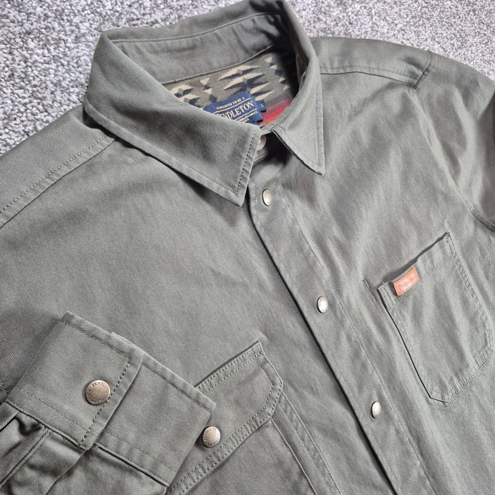NWT Pendleton Twill Work Shirt Mens Large Green Snap Buttons Pockets Cotton